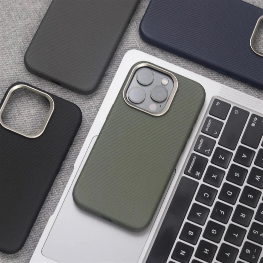 Luxury Alloy Lens Frame Particle PU Leather Magnetic Case For iPhone 17 16 Pro Max 15 14 13 For Magsafe Wireless Charging Cover