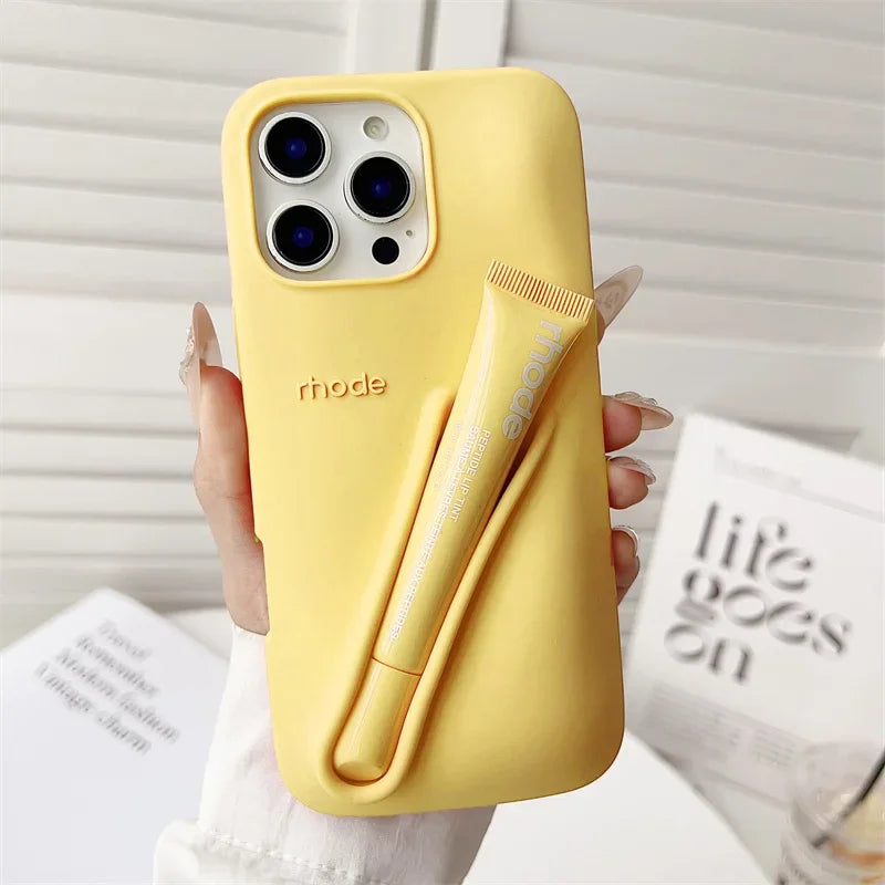 Lemontini Yellow Portable Lip Gloss Silicone Phone Case for IPhone 17 11 12 13 14 15 16 Pro Max Plus Lipstick Shockproof Cover﻿