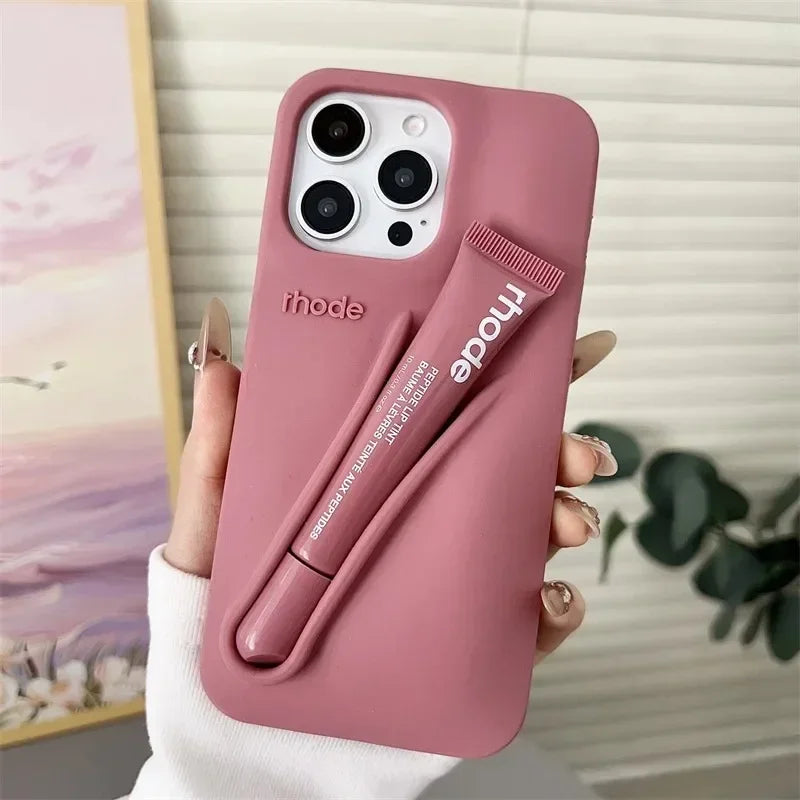 Lemontini Yellow Portable Lip Gloss Silicone Phone Case for IPhone 17 11 12 13 14 15 16 Pro Max Plus Lipstick Shockproof Cover﻿
