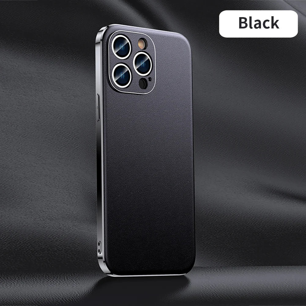 Genuine Cowhide Leather Phone Case for iPhone 16 14 11 12 13 15 Pro Max Plus 16Pro Luxury Plating Full Lens Protection Cover