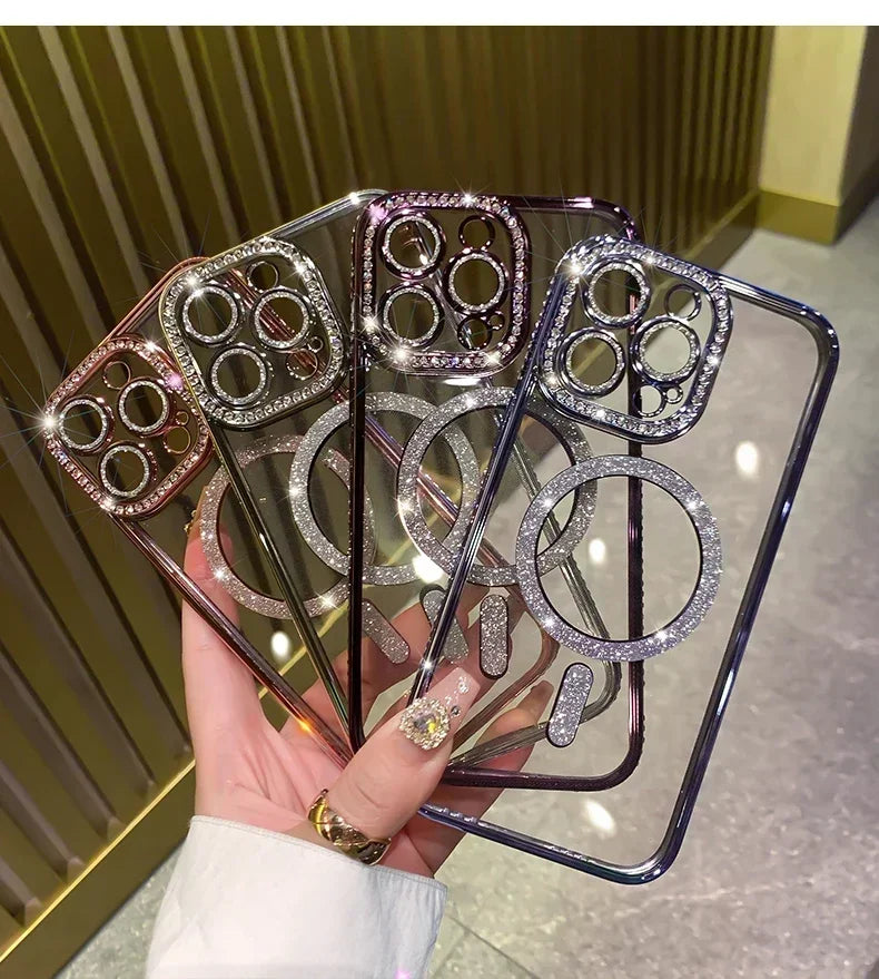 New Fashion Glitter Diamond Transparent Case For iPhone 16 15 14 13 17 12 Pro Max 16 Plus Magnetic Wireless Charge Bumper Cover