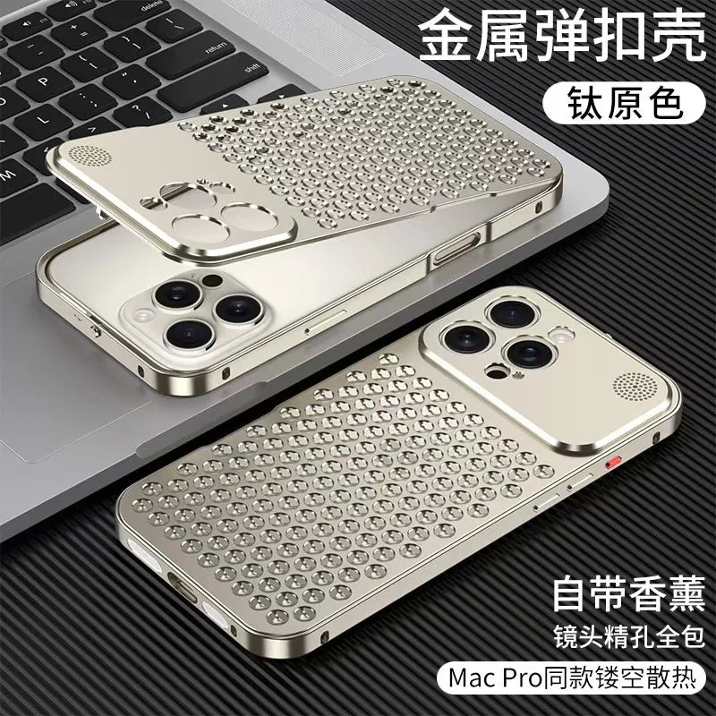 Metal aluminium Hollow Cooling Phone Case for iPhone 14 13 12 16 Pro Max 15 16 Plus Aromatherapy Diffuser Detachable Rear Cover