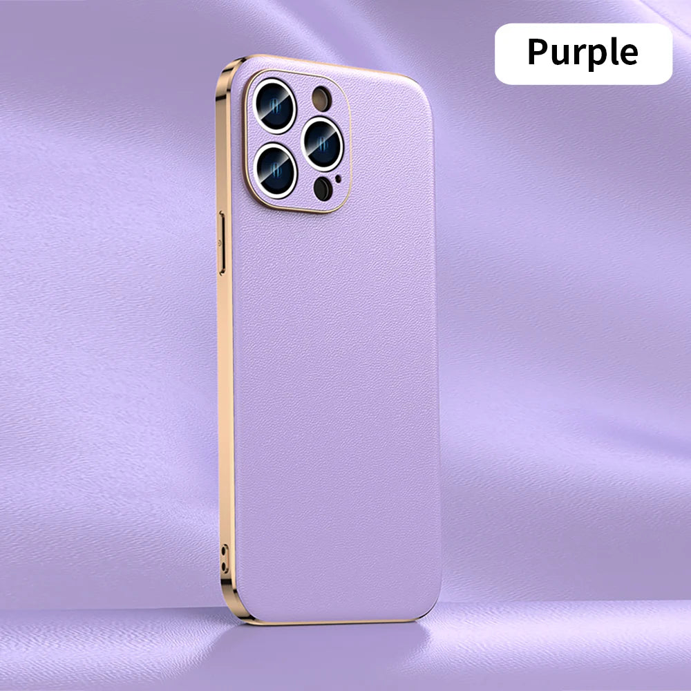 Genuine Cowhide Leather Phone Case for iPhone 16 14 11 12 13 15 Pro Max Plus 16Pro Luxury Plating Full Lens Protection Cover