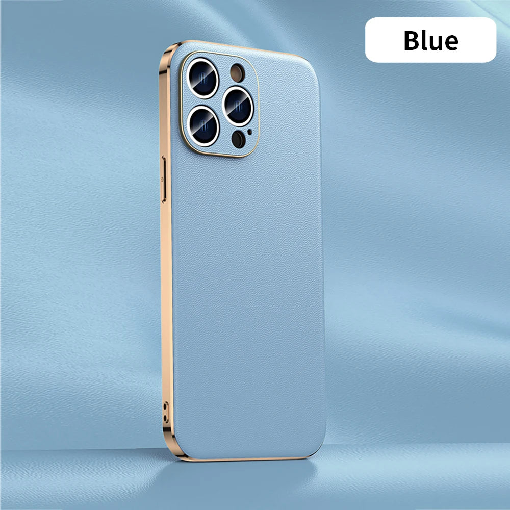 Genuine Cowhide Leather Phone Case for iPhone 16 14 11 12 13 15 Pro Max Plus 16Pro Luxury Plating Full Lens Protection Cover