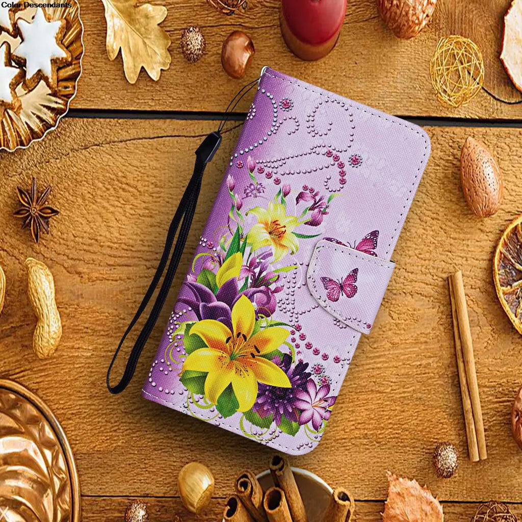 Painted Leather Case For iPhone 12 13 Pro Max mini SE 2020 15 Flip Wallet Card Slot Holder Phone Book Cover Flower Butterfly Cat
