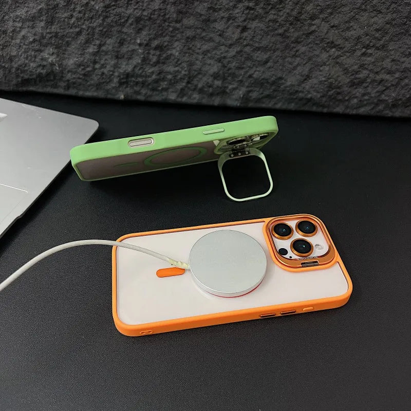 Luxury Magnetic Shockproof Phone Case For iPhone 15 14 13 12 11 16 17 Pro Max Plus 16E Funda Stand Glass Lens Protection Cover