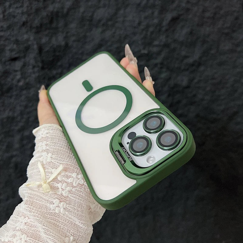 Luxury Magnetic Shockproof Phone Case For iPhone 15 14 13 12 11 16 17 Pro Max Plus 16E Funda Stand Glass Lens Protection Cover