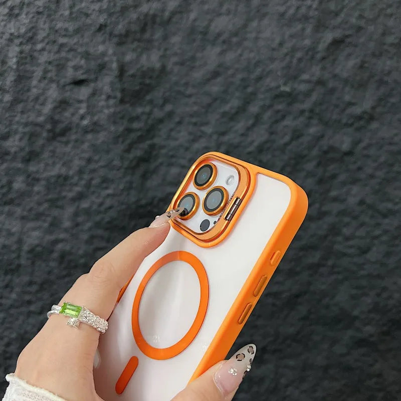 Luxury Magnetic Shockproof Phone Case For iPhone 15 14 13 12 11 16 17 Pro Max Plus 16E Funda Stand Glass Lens Protection Cover