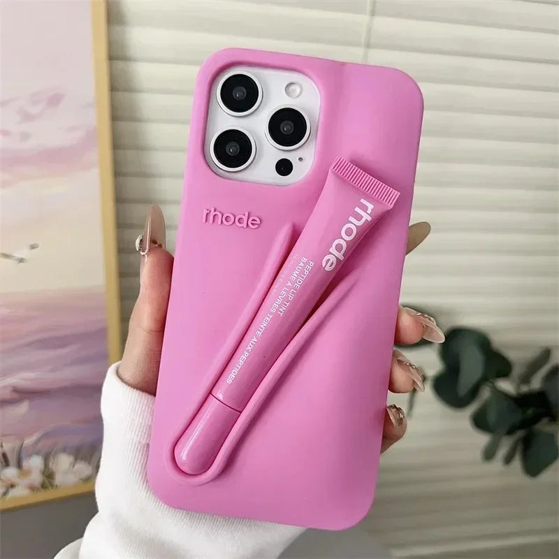 Lemontini Yellow Portable Lip Gloss Silicone Phone Case for IPhone 17 11 12 13 14 15 16 Pro Max Plus Lipstick Shockproof Cover﻿